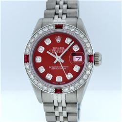 Rolex Stainless Steel Red Diamond DateJust Ladies Watch