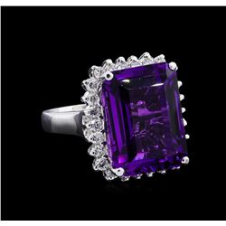 13.08 ctw Amethyst and Diamond Ring - 14KT White Gold