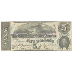 1863 $5 The Confederate States of America Note T-60 CC