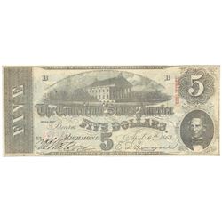 1863 $5 The Confederate States of America Note T-60 CC