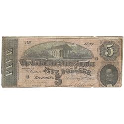 1864 $5 The Confederate States of America Note T-69 CC