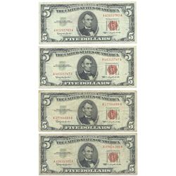 1963 $5 Fine Red Seal Bill Lot of 4