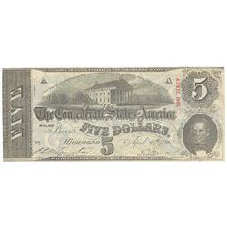 1863 $5 The Confederate States of America Note T-60 CC