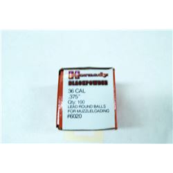 1 BOX 100 HORNADY .36CAL BLACK POWDER LEAD BALLS