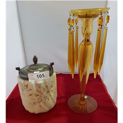 VICTORIAN GLASS BISCUIT BARREL & ART GLASS CANDLE HOLDER