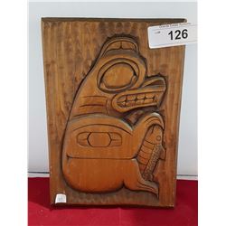 SIGNED BEAR & SALMON NATIVE CARVED PLAQUE