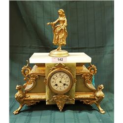 GILT MARBLE FIGURAL FRENCH MANTLE CLOCK W/KEY & PENDULUJ