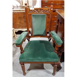 OPEN ARM PARLOUR CHAIR WITH CARVED FRAMED