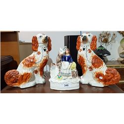 PAIR STAFFORDSHIRE DOGS & FIGURINE