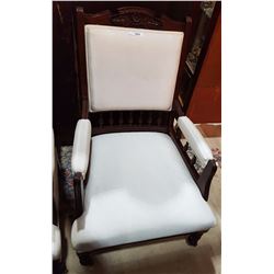 OPEN ARM PARLOUR CHAIR WITH CARVED FRAMED