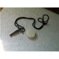 CRUSIFIX WHISTLE - ON ROPE - WHISTLE - but not whistling - needs cleaning - "PROTECT GOD " ON THE BA