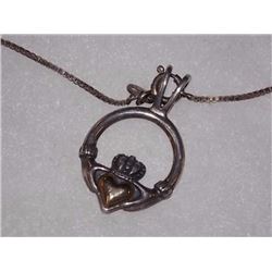 NECKLACE - CLADDAGH - STERLING SILVER  - WITH 14KT ACCENTS - WITH 17' STERLING SILVER CHAIN