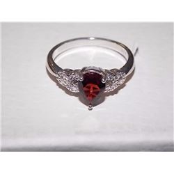 RING - PEAR FACETED GARNET & 2 DIAMONDS IN STERLING SILVER SETTING - RETAIL ESTIMATE $335