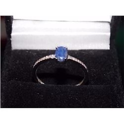 RING - OVAL FACETED BLUE SAPPHIRE & 2 DIAMONDS IN STERLING SILVER SOLITAIRE DESIGNED SETTING - RETAI