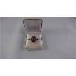 10KT YELLOW GOLD CLUSTER STYLE LADIES RING SET WITH OVAL DARK GREEN STONE, 16 SAPPHIRES , 16 RUBIES