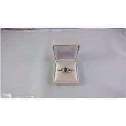 14KT YELLOW GOLD LADIES RING SET WITH ONE OVAL BLUE SAPPHIRE 2 PEAR SHAPED STONES + 14 SCD TW 4.6