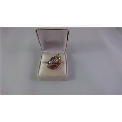 10KT YELLOW GOLD LADIES RING SET WITH 20 MARQUISE CUT BLUE MAUVE GREEN STONES TW 5.3 GRAM