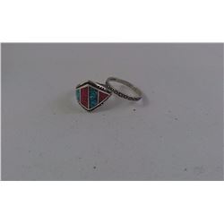 SILVER LADIES RING W/ INLAID BLUE AND ORANGE STONE + SILVER LADIES BAND