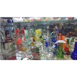 SHELF LOT OF ASSORTED GLASS PIPES/BONGS & ACCESSORIES