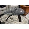 Image 2 : TRIANGULAR MODERN COFFEE TABLE WALNUT, GLASS AND CHROME