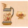 Image 1 : A Royal Worcester mask spout cylindrical jug, blush ivory ground with blue and gilt handle and bo...