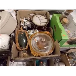 BOX ASSORTED KITCHENWARE, CROCK POT, PLATES, MATCHING CUPS ETC