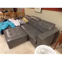 BONDED LEATHER SOFA - GREY - RECLINING HEAD RESTS WITH LARGE OTTOMAN