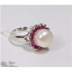 #97 AKOYA PEARL ,RUBY RING