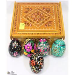 HAND CARVED UKRAINIAN BOX WITH 5 EGGS (PYSANKI)