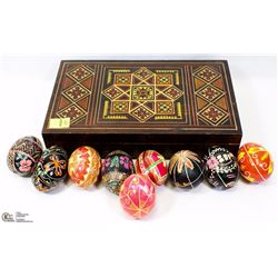 HAND CARVED UKRAINIAN BOX WITH 9 EGGS (PYSANKI)