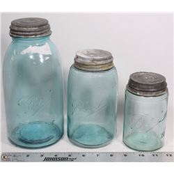 THREE ANTIQUE BALL MASON JARS - BLUE GLASS