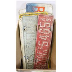 BOX OF ASSORTED LICENSE PLATES INCL NOVA SCOTIA &