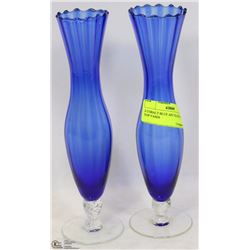 2 COBALT BLUE ART GLASS TULIP TOP VASES