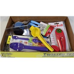 FLAT OF MISC HOUSEHOLD INCL KNIFE SHARPENER,