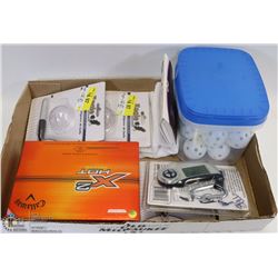 FLAT OF GOLF ACCESSORIES INCL BALLS, TOWELS & MORE