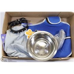 FLAT WITH LARGE DOG HARNESS, COLLAR, WATER DISH &