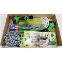 FLAT OF MISC HARDWARE, MASTERLOCK, HOSE NOZZLES,