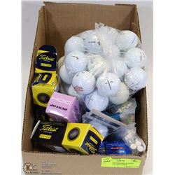 BOX OF ASSORTED RECLAIMED GOLF BALLS AND OTHER