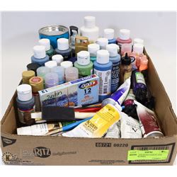 BOX OF ASSORTED PAINTS AND PAINT BRUSHES