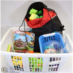 BASKET OF ASSORTED KIDS TOYS, BIG LEGO STYLE