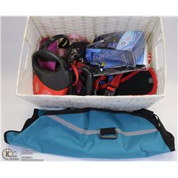 BOX OF ASSORTED DOG ITEMS INCL HARNESSES, LEASHES