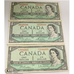 LOT OF THREE 1954 CANADIAN $1.00 BILLS