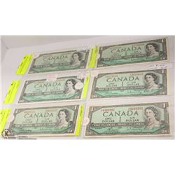LOT OF 6 CANADIAN $1 BILLS SOME UNCIRCULATED
