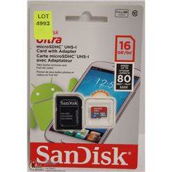 NEW SANDISK ULTRA 16GB MICRO SD CARD WITH ADAPTOR