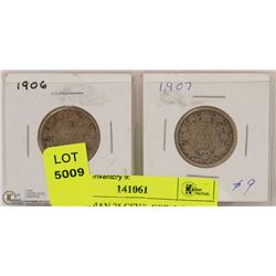 2 CANADIAN 25 CENT  COINS INCL 1906 AND 1907