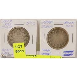 2 CANADIAN 50 CENT SILVER COINS INCL 1917 &1898
