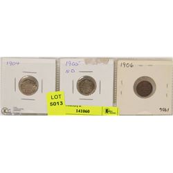 3 CANADIAN SMALL 5 CENT COIN INCL 1904,1905 & 1906