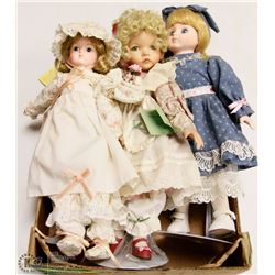 LOT OF 3 PORCELAIN DOLLS, ALL WITH STANDS