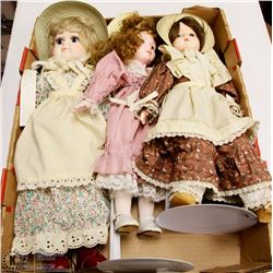 LOT 3 PORCELAIN DOLLS, TWO WITH STANDS