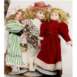 LOT OF 3 PORCELAIN DOLLS, ALL WITH STANDS